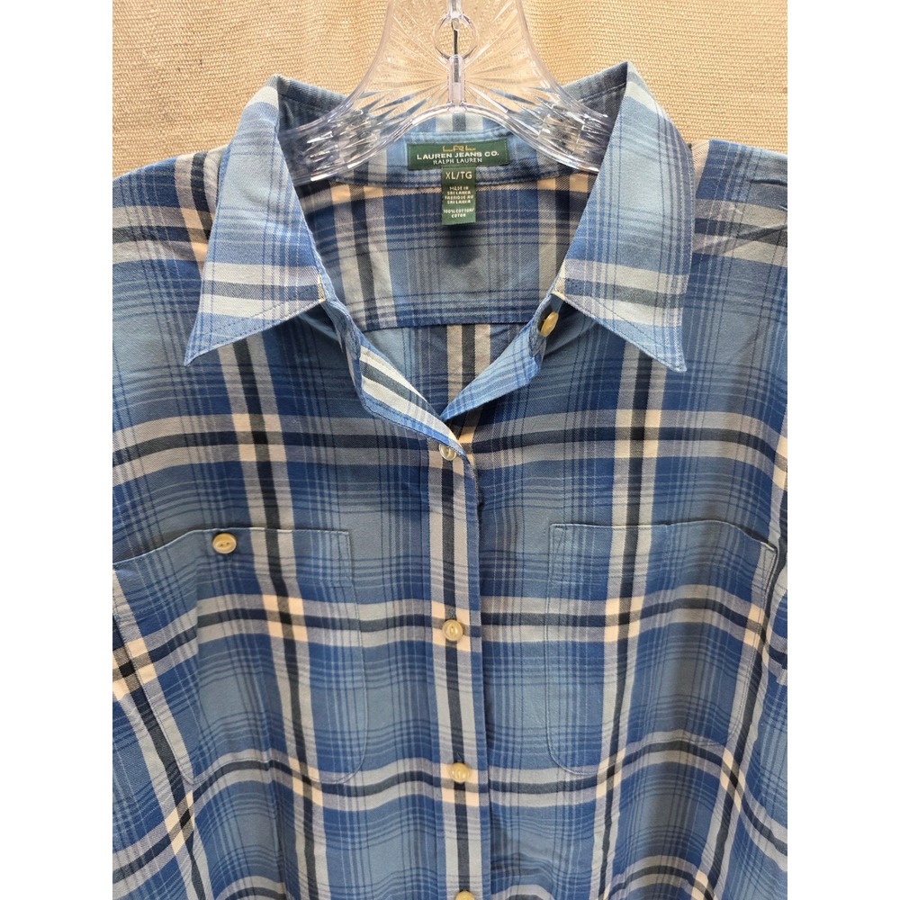 Lauren Ralph Lauren Blue Plaid Button Down Shirt Womens XL Long Sleeve Roll Tab - Picture 3 of 7